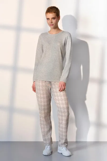 Ekoseli Uzun Kollu Kadın Pijama Takımı Doreanse 25K4043 - Gri