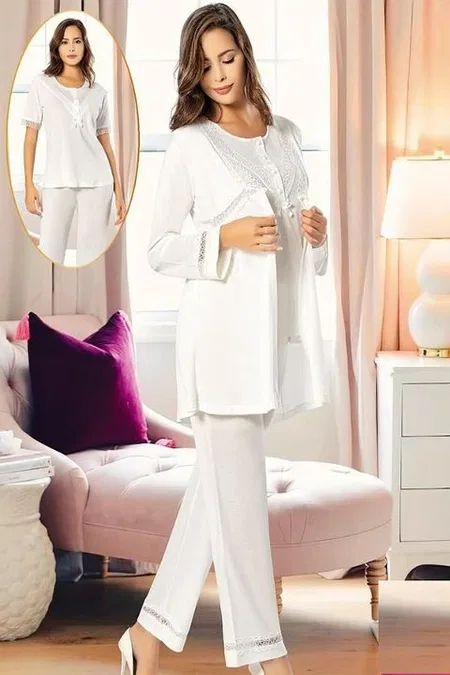 Esnek Bel Bandı Emzirme Açıklığı Hamile Pijama Takımı XSES 4850 - Ekru