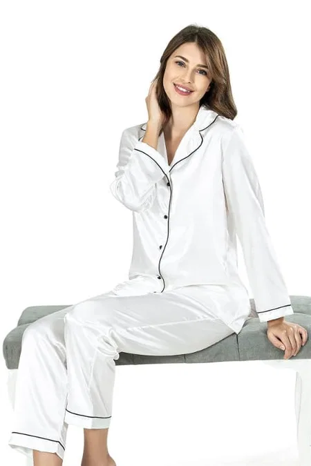 Ekru Saten Gecelik Pijama Takımı Kadın Ahu 7647 - Ekru