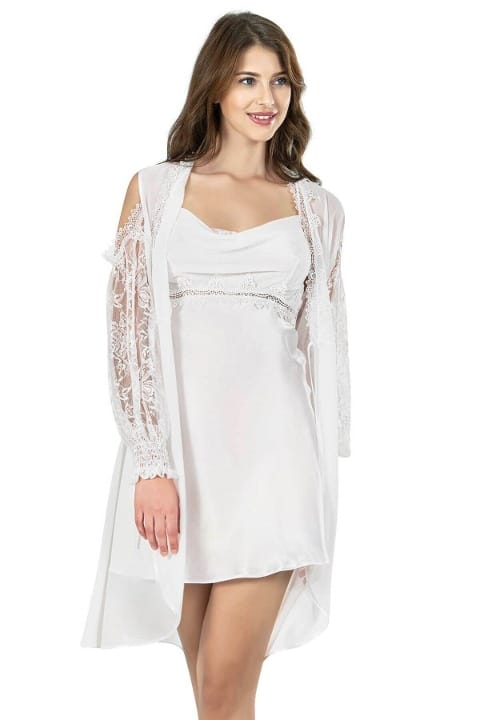 Saten Kısa Sabahlıklı Gecelik Takımı Ahu 7625 - Ekru