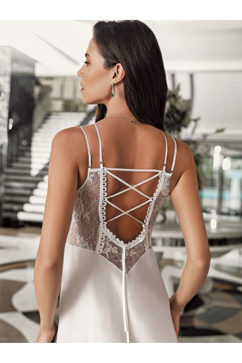 Transparan Dantel Detaylı Ekru Saten Gecelik Takımı İmaj 3202 - 2