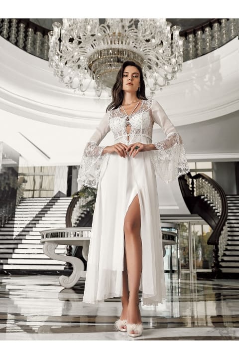 Transparan Dantel Detaylı Ekru Saten Gecelik Takımı İmaj 3202 - Ekru