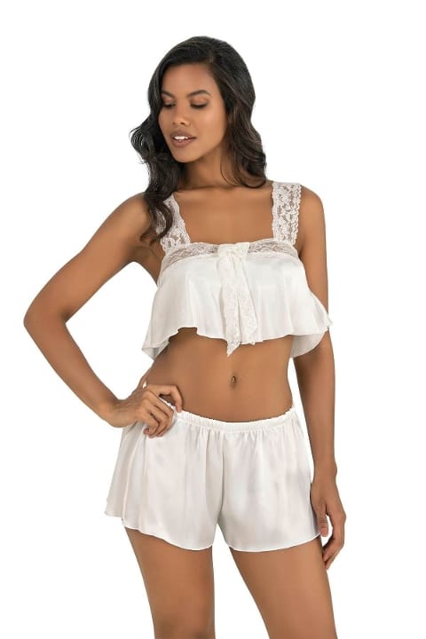 Ekru Dantel Detaylı Saten Şort Takımı Ahu 9200