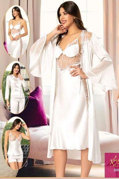 Ekru Transparan Dantelli Saten Gelin Çeyiz Seti XSES 1005 - Pudra