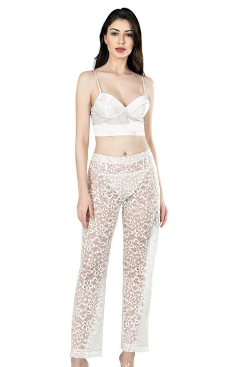 Ekru Üçlü Büstiyer Detaylı Saten Kadın Pijama Takımı Ahu 7637