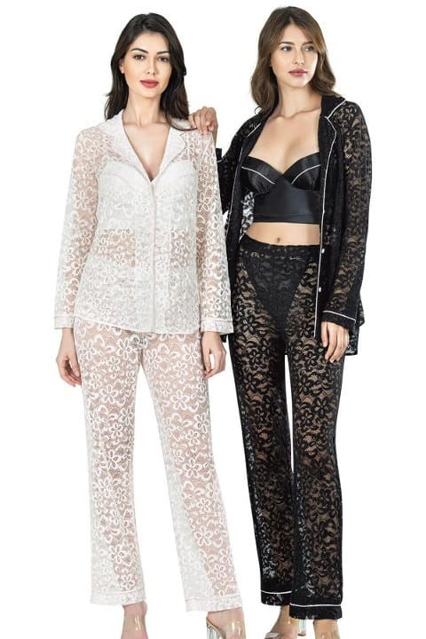 Ekru Üçlü Büstiyer Detaylı Saten Kadın Pijama Takımı Ahu 7637 - 2