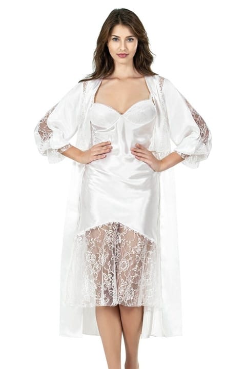 Ekru Saten Uzun İkili Sabahlık Gecelik Takımı Ahu 7628 - Ekru