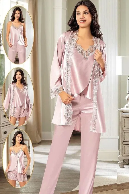Pudra Saten Sabahlık Şort Pijama Seti XSES 2165 - Pudra
