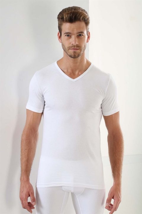 Pamuklu Ribana V Yaka Erkek Atlet Arma Yıldız 1155 - Beyaz