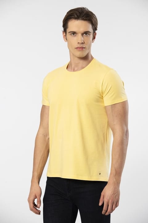 Pamuklu Likralı Bisiklet Yaka Erkek T-shirt Cacharel 1331 - Sarı