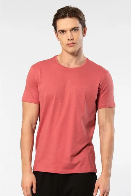 Pamuklu Kısa Kollu Bisiklet Yaka T-shirt Cacharel 2169 - Mercan