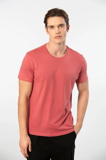 Pamuklu Kısa Kollu Bisiklet Yaka T-shirt Cacharel 2169 - Mercan