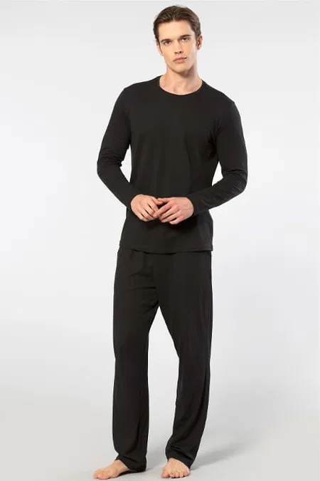 Modal Pamuklu Uzun Kollu Erkek Pijama Takımı Cacharel 2244 - Siyah