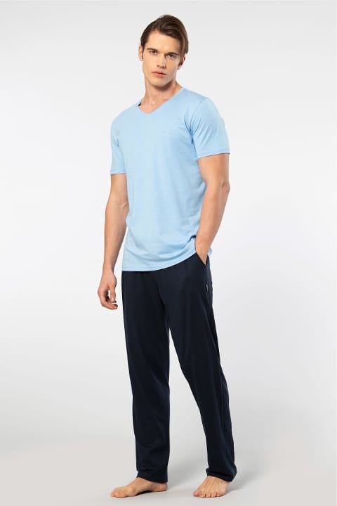 Kısa Kollu Modal Pamuk Erkek Pijama Takımı Cacharel 2192 - Açık Mavi