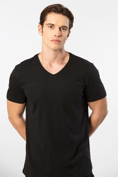 Kısa Kollu Cepli V Yaka Modal Erkek Pijama Takımı Cacharel 2192 - Siyah