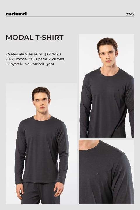 Pamuklu Modal Bisiklet Yaka Erkek T-shirt Cacharel 2242 - Antrasit