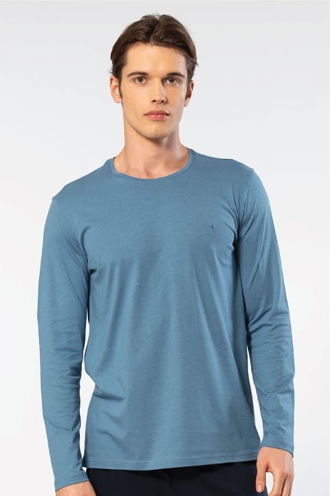 Uzun Kollu Bisiklet Yaka Modal Pamuklu T-shirt Cacharel 2242 - İndigo