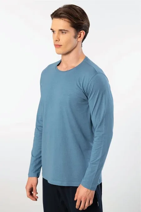Uzun Kollu Bisiklet Yaka Modal Pamuklu T-shirt Cacharel 2242 - İndigo