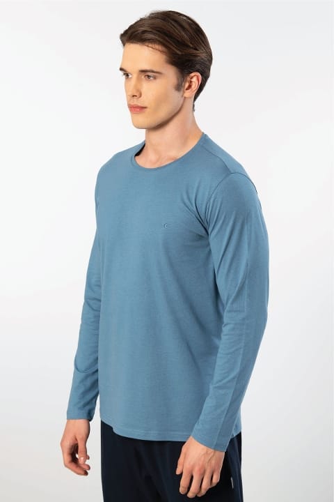 Uzun Kollu Bisiklet Yaka Modal Pamuklu T-shirt Cacharel 2242 - İndigo