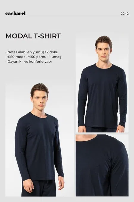 Modal Pamuklu Bisiklet Yaka Erkek T-shirt Cacharel 2242 - Lacivert
