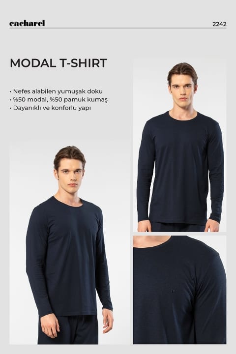 Modal Pamuklu Bisiklet Yaka Erkek T-shirt Cacharel 2242 - Lacivert