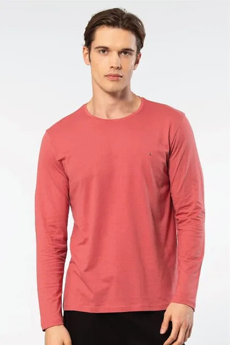 Uzun Kollu Modal Pamuk Bisiklet Yaka Erkek T-shirt Cacharel 2242 - Mercan