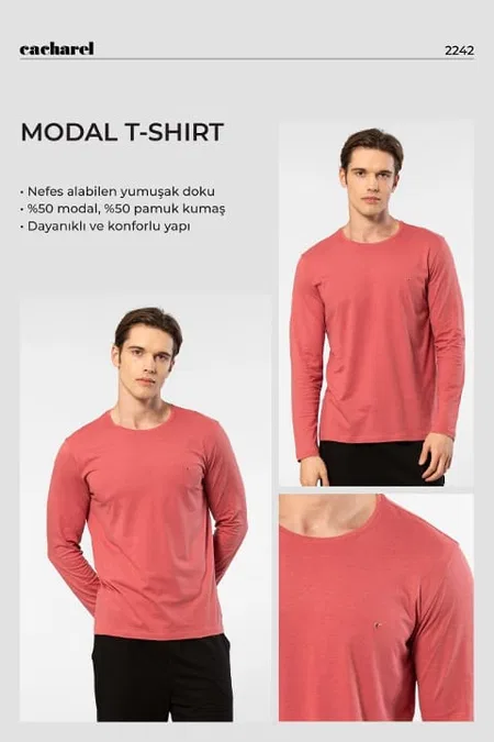 Uzun Kollu Modal Pamuk Bisiklet Yaka Erkek T-shirt Cacharel 2242 - Mercan