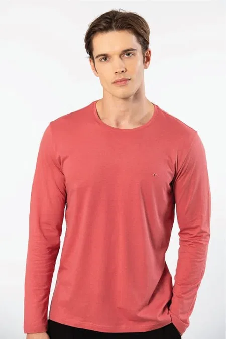 Uzun Kollu Modal Pamuk Bisiklet Yaka Erkek T-shirt Cacharel 2242 - Mercan