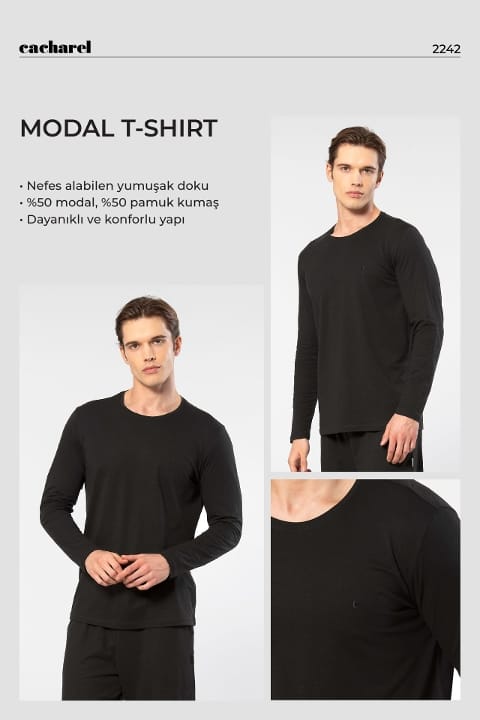 Modal Pamuk Bisiklet Yaka Erkek T-shirt Cacharel 2242 - Siyah