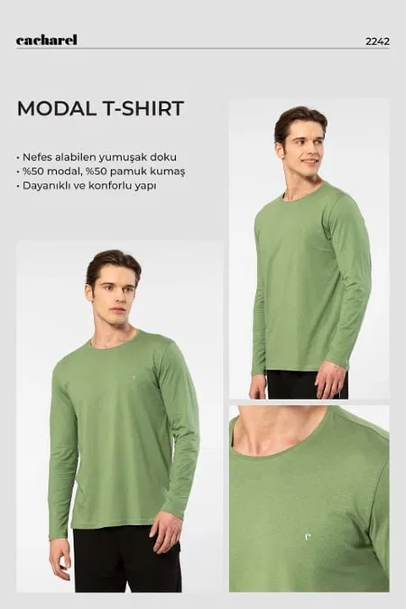 Modal Pamuklu Bisiklet Yaka Erkek T-shirt Cacharel 2242 - Yeşil