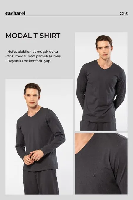 Modal Pamuk V Yaka Kısa Kol Erkek T-shirt Cacharel 2243 - Antrasit