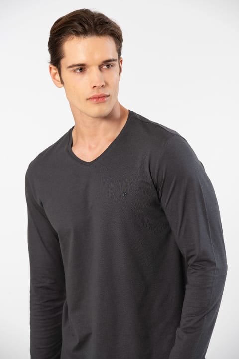 Modal Pamuk V Yaka Kısa Kol Erkek T-shirt Cacharel 2243 - Antrasit