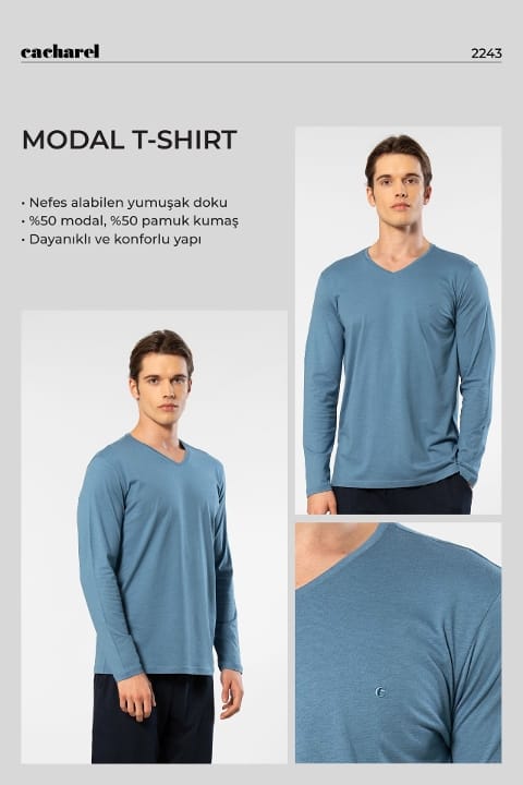 Pamuklu Modal V Yaka Uzun Kollu T-shirt Cacharel 2243 - 2