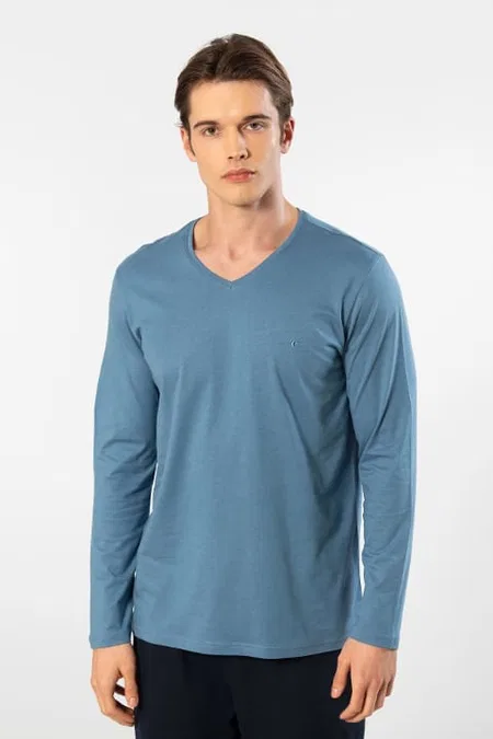 Pamuklu Modal V Yaka Uzun Kollu T-shirt Cacharel 2243 - İndigo