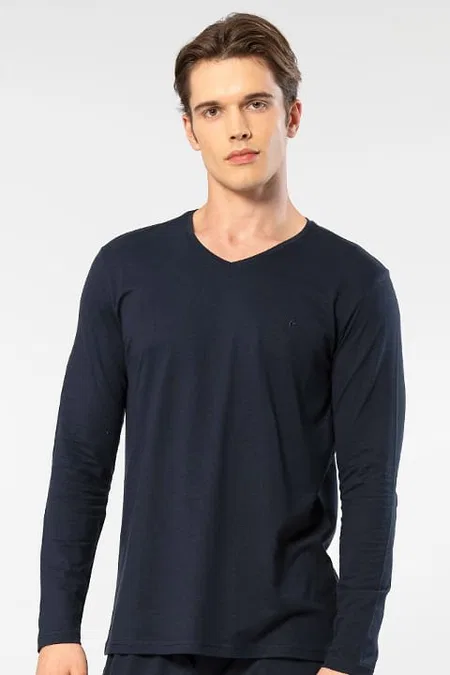 V Yaka Uzun Kollu Pamuklu Modal Erkek T-shirt Cacharel 2243 - Lacivert
