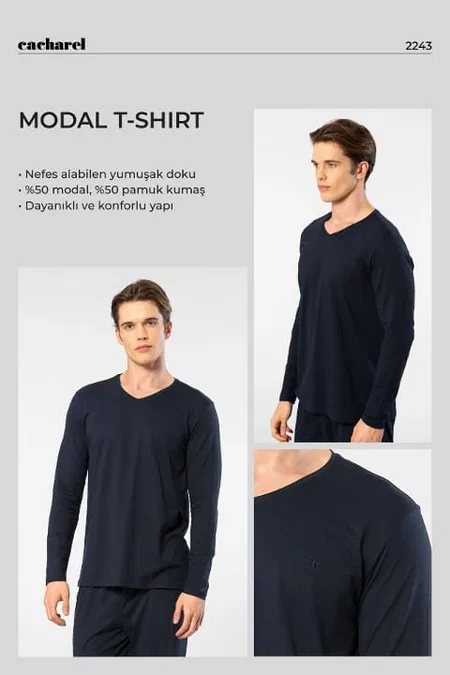 V Yaka Uzun Kollu Pamuklu Modal Erkek T-shirt Cacharel 2243 - Lacivert