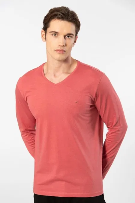 Uzun Kollu V Yaka Modal Pamuk T-shirt Cacharel 2243 - Mercan