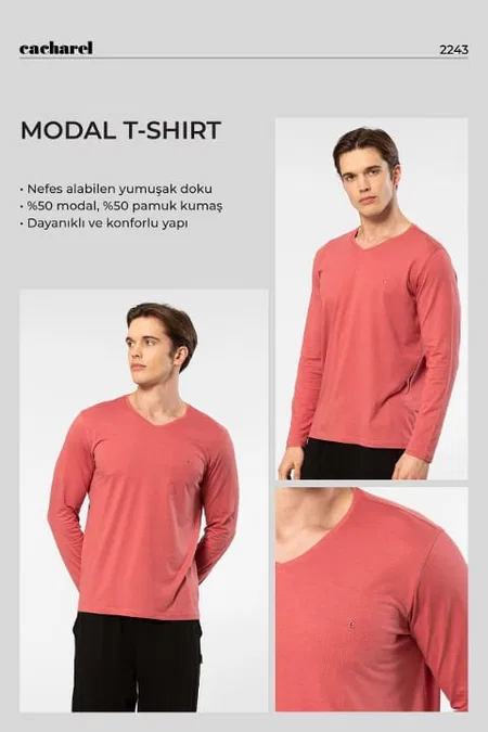 Uzun Kollu V Yaka Modal Pamuk T-shirt Cacharel 2243 - Mercan