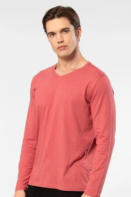 Uzun Kollu V Yaka Modal Pamuk T-shirt Cacharel 2243 - Mercan