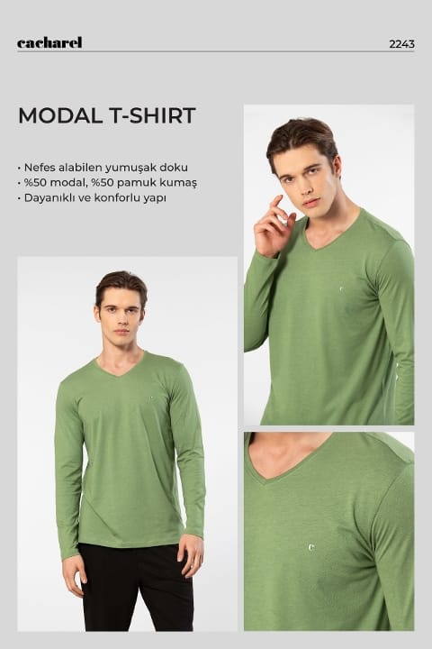 Modal Pamuklu V Yaka Erkek T-shirt Cacharel 2243 - Yeşil