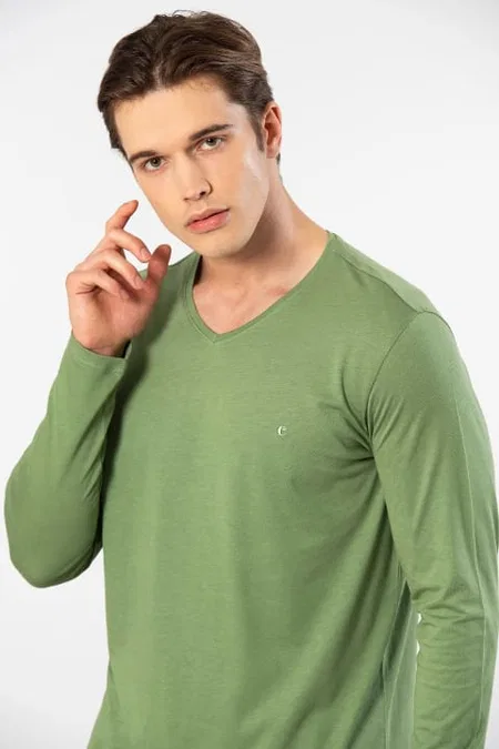 Modal Pamuklu V Yaka Erkek T-shirt Cacharel 2243 - Yeşil