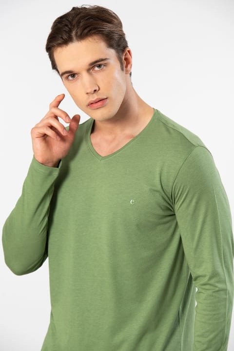 Modal Pamuklu V Yaka Erkek T-shirt Cacharel 2243 - Yeşil