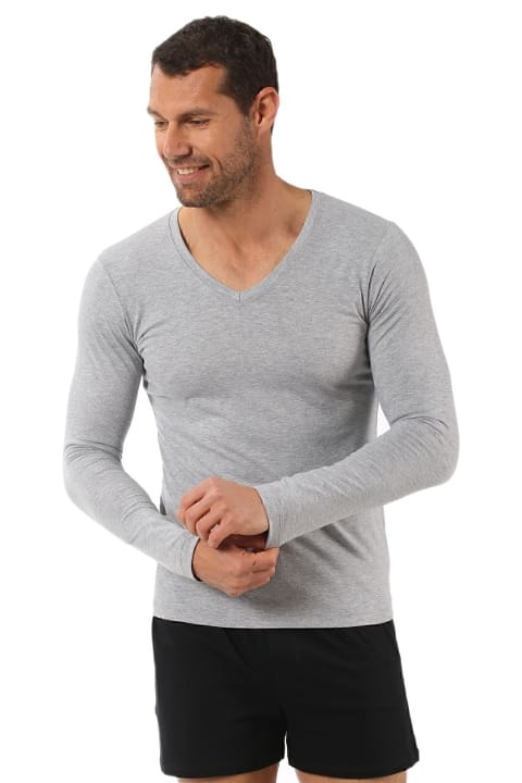 Pamuklu Likralı V Yaka Uzun Kol T-Shirt Özkan 0274 - Gri