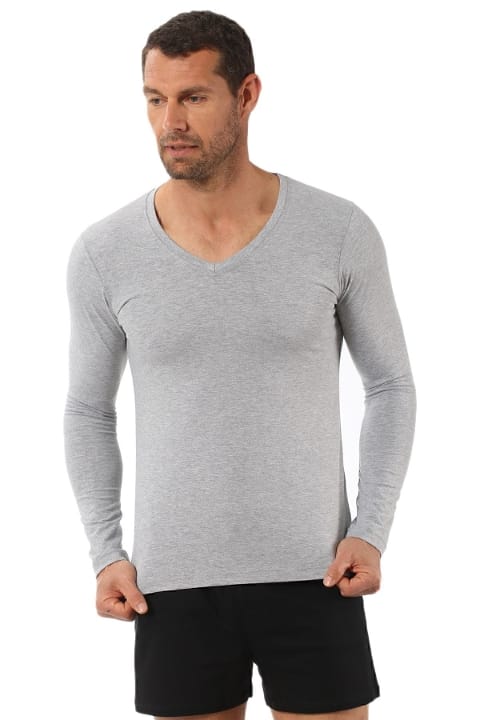 Pamuklu Likralı V Yaka Uzun Kol T-Shirt Özkan 0274 - Gri