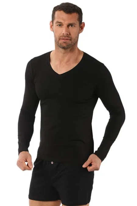 Pamuklu Likralı V Yaka Uzun Kol T-Shirt Özkan 0274 - Siyah