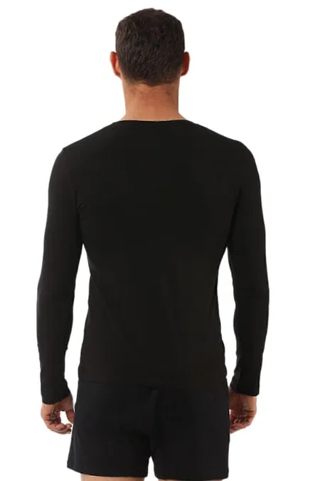 Pamuklu Likralı V Yaka Uzun Kol T-Shirt Özkan 0274 - Siyah