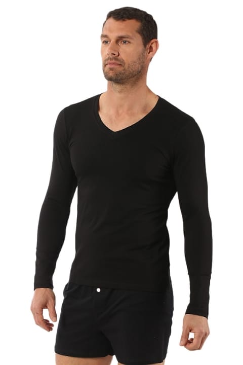 Pamuklu Likralı V Yaka Uzun Kol T-Shirt Özkan 0274 - Siyah