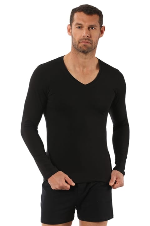 Pamuklu Likralı V Yaka Uzun Kol T-Shirt Özkan 0274 - Siyah