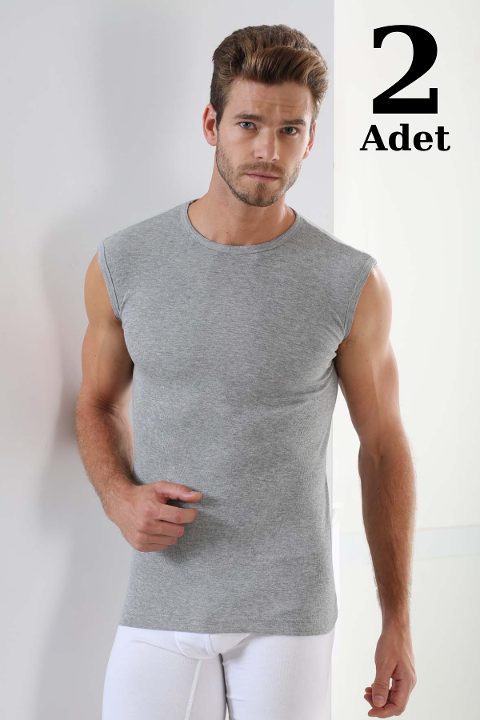Pamuklu Kolsuz Erkek Atlet 2'li Paket Gri Arma Yıldız 1110
