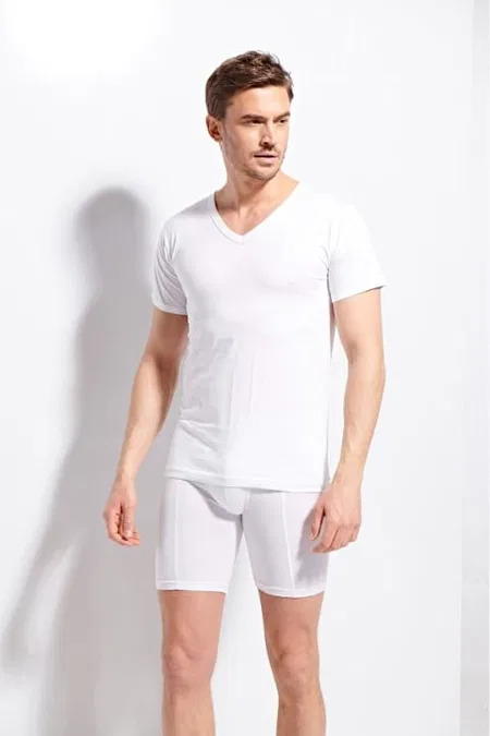 Ribana V Yaka Pamuklu T-shirt Erkek Kolcu 1220 - Beyaz